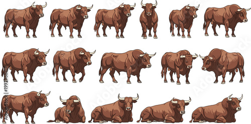 Bull and cattle vector set in realistic style, farm livestock collection with different poses for agriculture, ranch and animal breeding design