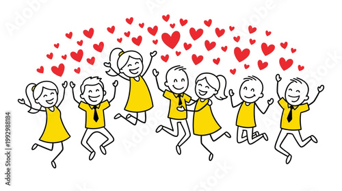 Happy stick figures jumping in the air with red hearts floating above