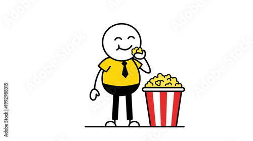 Cartoon Stick Figure Eating Popcorn and Enjoying a Movie Night