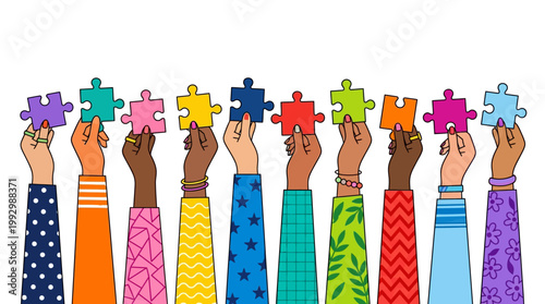 Diverse Hands Holding Colorful Puzzle Pieces Symbolizing Unity and Teamwork in Society