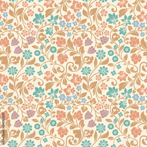 Vintage Arts and Crafts Movement Seamless Pattern: Earthy Terracotta and Muted Teal Botanical Vines with Berries for Retro Wallpaper and Luxury Textile Design