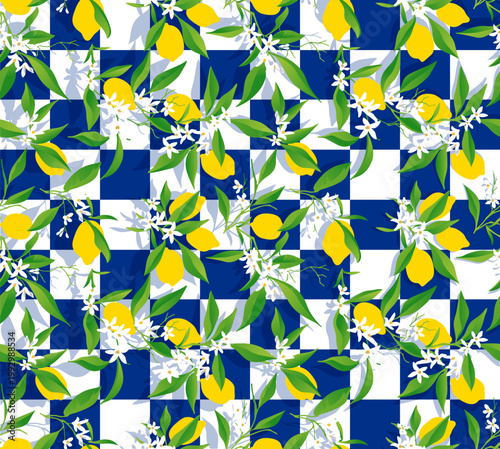 Mediterranean Amalfi Summer Seamless Pattern: Vibrant Yellow Lemons and White Blossoms on Cobalt Blue Checkerboard Background for Kitchen Textiles and Home Decor