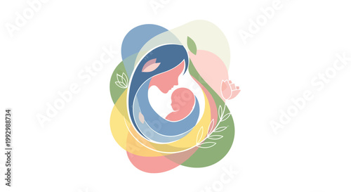 Stylized vector art depicts a woman tenderly cradling a baby in her arms, set against a white background with overlapping pastel shapes and botanical elements, creating a soft and nurturing