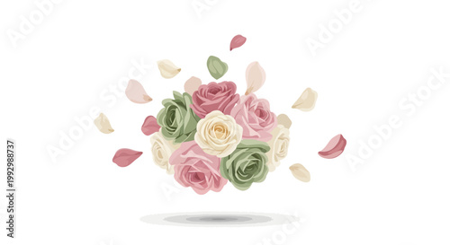 A delicate arrangement of pink, green, and cream roses is captured in a minimalist floral design with scattered petals, presented in a soft, pastel color palette against a clean white