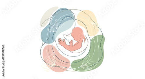 Minimalist vector illustration depicting a baby in a womb-like abstract shape, with soft pastel colors creating a nurturing and gentle atmosphere against a clean white background