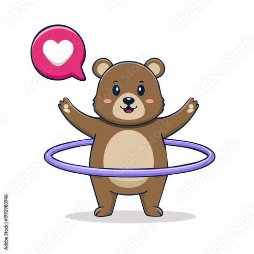Cute cartoon bear playing with a hula hoop with a heart symbol