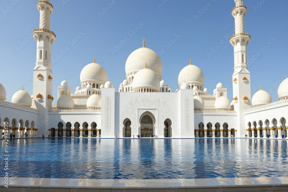 Fototapeta premium Grand White Mosque with Domes Reflected in Tranquil Pool