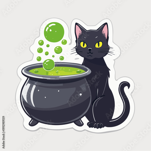 Black Cat and Bubbling Cauldron with Green Potion