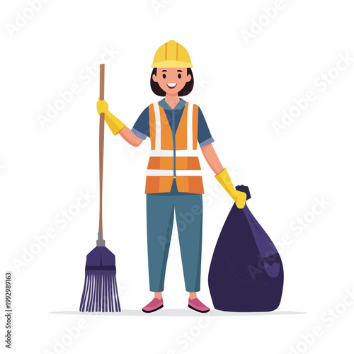 Woman Sanitation Worker with Broom and Trash Bag
