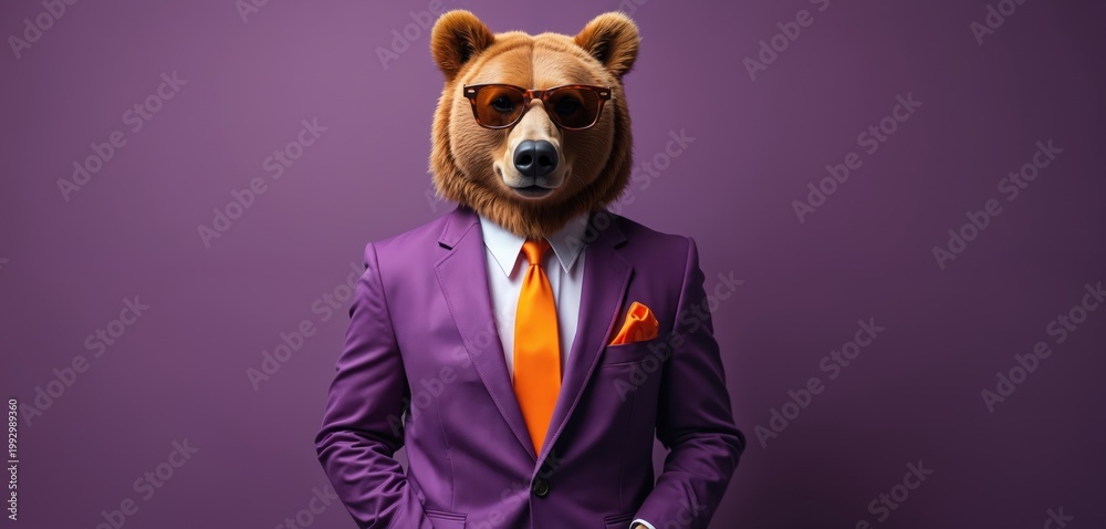 Obraz premium Bear in purple suit and orange tie wears sunglasses. Animal stands confidently against purple backdrop, showcasing bold fashion style with serious expression, ready for business meeting or photoshoot.