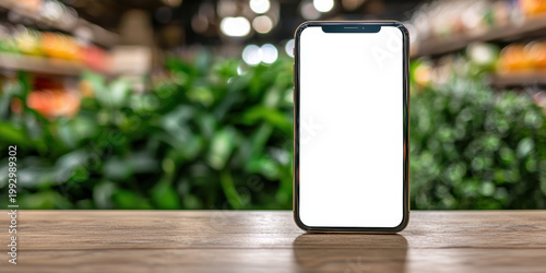  smartphone with a blank white screen stands upright on a wooden surface with a blurred green plant background.