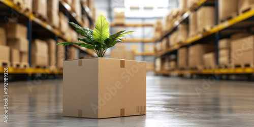  small green plant growing out of a cardboard box on the floor of a warehouse filled with stacked boxes.