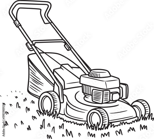 Lawn mower machine illustration with grass cutting equipment gardening tool line art design