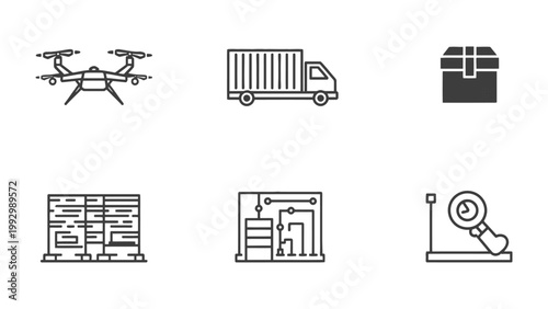 Innovation and Technology Icon Set: A modern and visually appealing collection of minimalistic line art icons showcasing cutting-edge technologies and their applications.