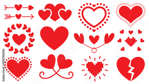 Red heart icons collection love symbols set with romantic elements and valentine theme design