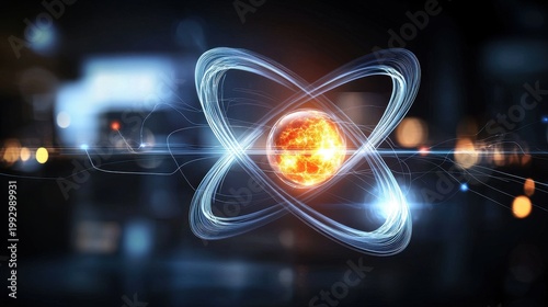 A glowing abstract visualization depicting the inner structure and energy dynamics of an atom representing the fundamental concepts of physics and nuclear science