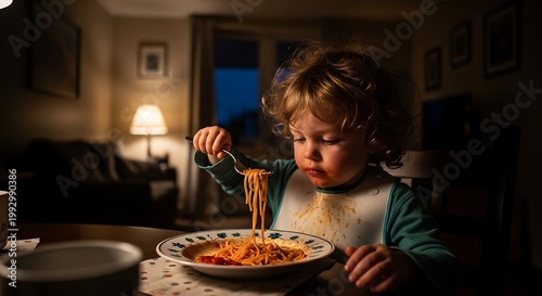 Messy Toddler Eating Spaghetti at Home