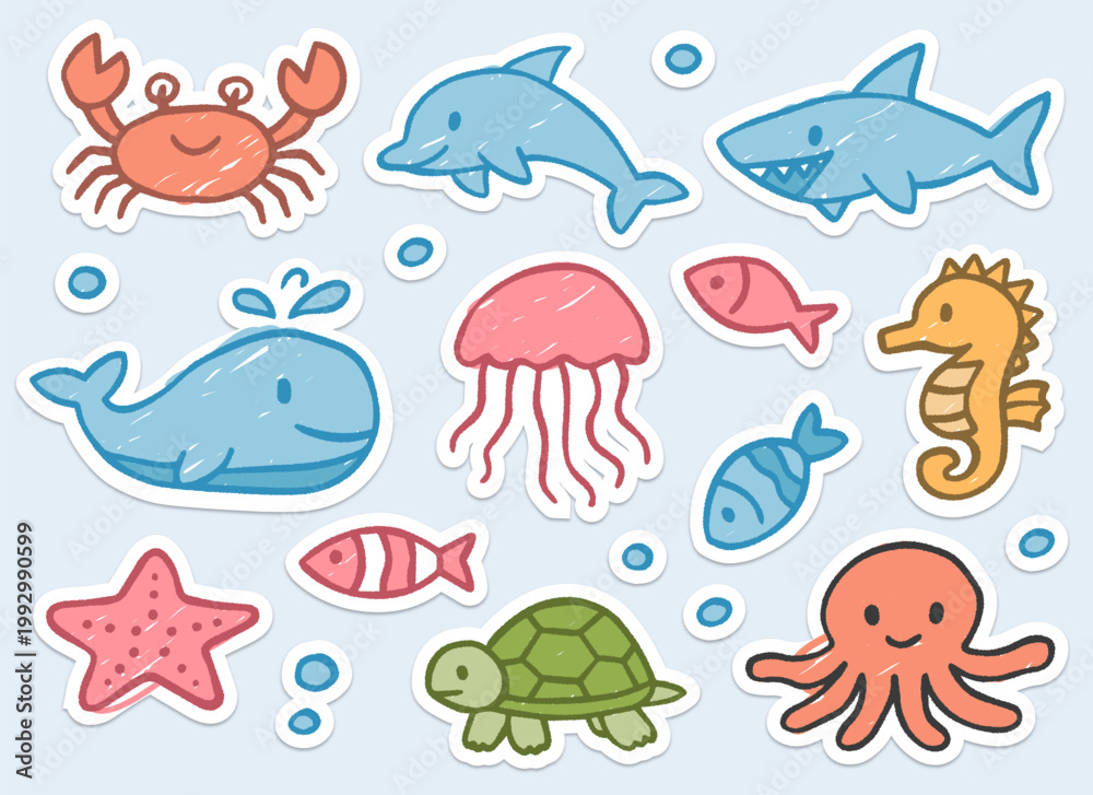 Fototapeta premium Colorful Cute Sea Animal Stickers Collection in Children's Crayon Drawing with Naive Style.