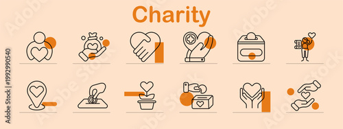 Charity set icon. Line collection with person heart, donation hand, handshake heart, medical support arm, donation box, volunteer, location heart, ballot envelope, plant, care hands
