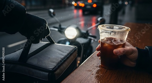 Professional Food Delivery Courier Holding Iced Coffee and Thermal Bag on a Rainy Night