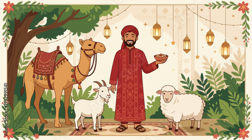 Illustration of a man in a red robe standing with a camel, goat, and sheep in a lush outdoor setting with hanging lanterns, celebrating The Feast of Sacrifice.