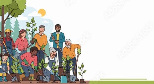Diverse community planting trees together in a park, vector illustration style. Group of people gardening, environmental conservation concept for community projects.