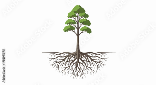 Stylized tree with extensive root system vector illustration. Tree growth concept with deep roots and green foliage. Symbolic tree roots for nature and growth vector.