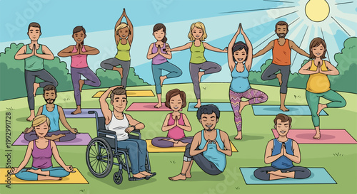 Diverse group practicing yoga outdoors vector illustration. People of various ages and abilities engaged in tree pose and meditation on mats in park setting.