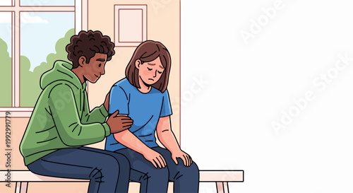 Comforting friend offering support to sad person, vector illustration. Empathy and care shown by one individual to another during difficult times.