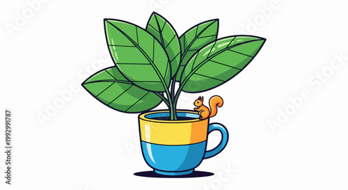 squirrel peeking from coffee cup with green plant, vector illustration for nature and growth concepts. for branding, packaging, banner, poster, website header, and social media design use