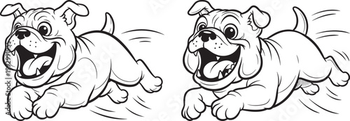 Two happy cartoon bulldogs running with open mouths and tongues out black and white line art white background animal lover bulldogs energetic illustration movement activity friendly