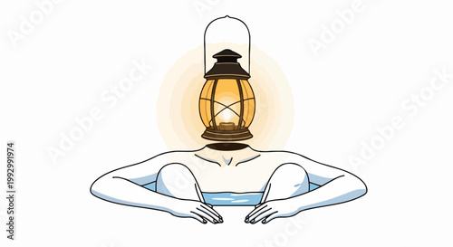 Vector illustration of a person with a lantern for a head, symbolizing ideas and inspiration. Conceptual vector art for innovation and discovery themes.