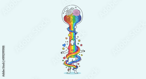 Vector illustration of person embracing rainbow colors flowing from a glass bulb, symbolizing creativity and diversity, ideal for conceptual art and design projects.
