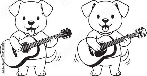 Two cartoon puppies playing guitars wearing t-shirts t shirt black and white line art illustration character graphics adorable performance acoustic entertainment childish whimsical
