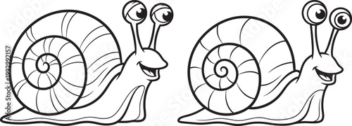 Two cartoon snails with big eyes and happy expressions outlined in black and white line art white background line drawing coloring page illustration gastropod creature invertebrate isolated
