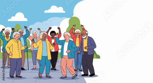 Diverse group of active seniors walking outdoors in park vector illustration. Senior citizens enjoying leisure time and community engagement. Concept for active aging and healthy lifestyle.