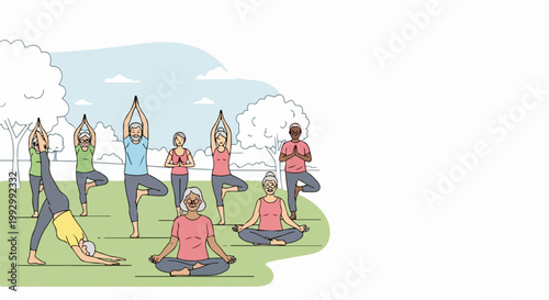 Diverse seniors practicing yoga in park vector illustration. Senior yoga class outdoors with various poses and serene atmosphere. Healthy lifestyle concept for active aging and wellness.
