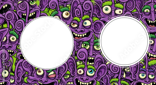 Purple cartoon monster faces illustration.