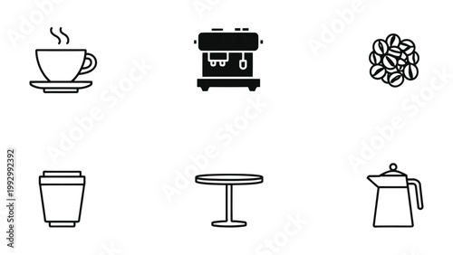 Coffee Essentials: A collection of meticulously crafted line art icons showcasing the core elements of the perfect coffee experience.