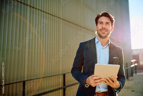 Businessman confidently holding a digital tablet with a bright smile, representing urban corporate technology and professional success