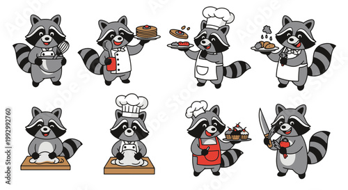 Cute Chef Raccoon Characters Cooking and Preparing Sweet Baked Goods with Ingredients and Utensils