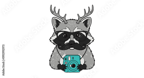 Whimsical Raccoon with Antlers Glasses and Mustache Holding a Camera