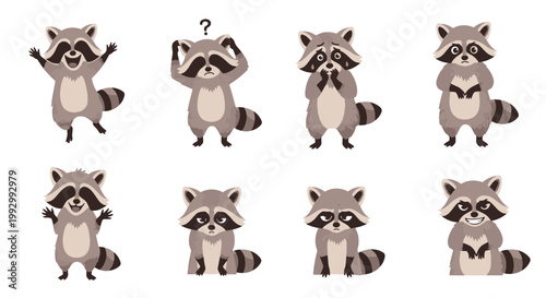 Adorable Raccoon Cartoon Characters Showing Different Emotions and Actions