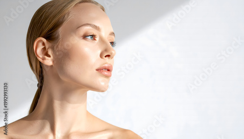 Minimalist portrait of blonde woman with clear skin and soft shadow background