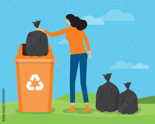  woman threw the trash into the bin, and the design concept was to recycle the waste and reuse leftover items. flat vector illustration design