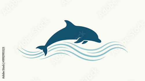 Minimalist jumping dolphin logo with ocean waves