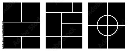 Image collage layout template. Beige mosaic mood board grid collection. Picture frame set. Photo album idea for banner, poster, comic page, flyer, brochure, booklet, memory wall design. Vector pack