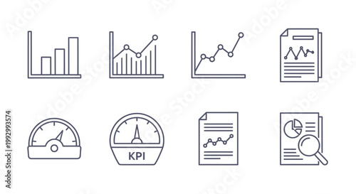 Collection of Business Data Analytics and Reporting Line Icons for Performance Metrics Visualization and Strategic Insights