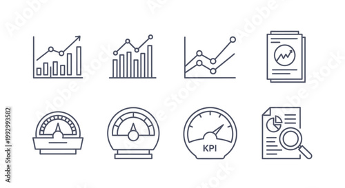 Collection of Line Icons Representing Business Growth, Financial Analytics, and Performance Metrics