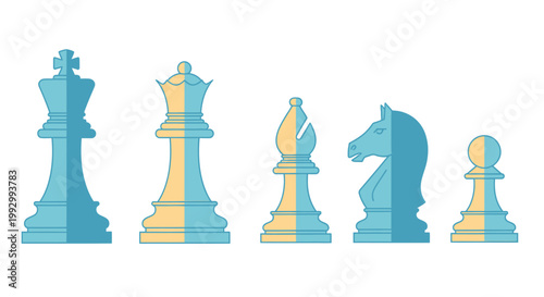Line drawing of chess pieces king queen bishop knight and pawn